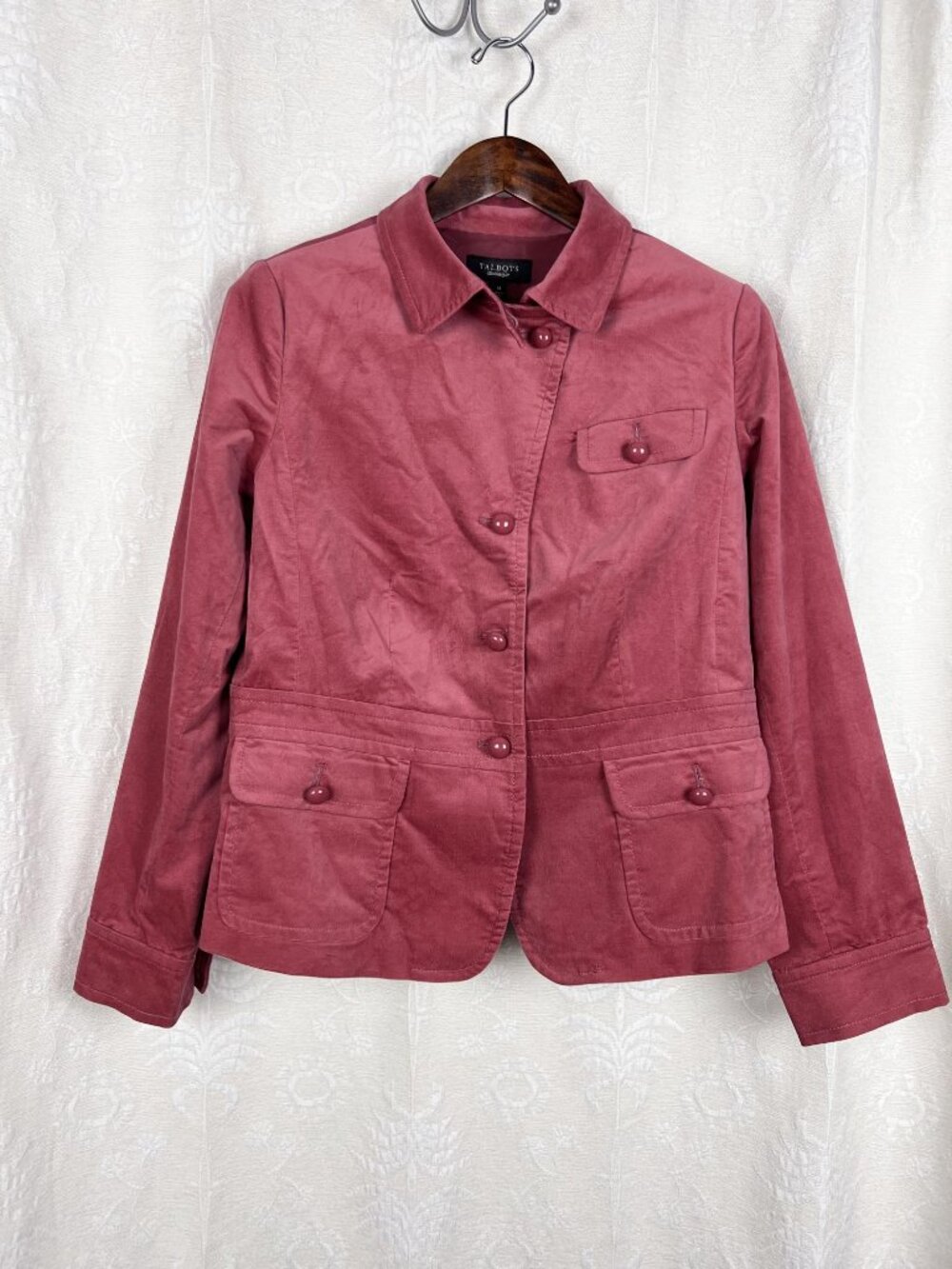 Talbots mauve pink stretch velvet military-style jacket The Grace Fit cotton